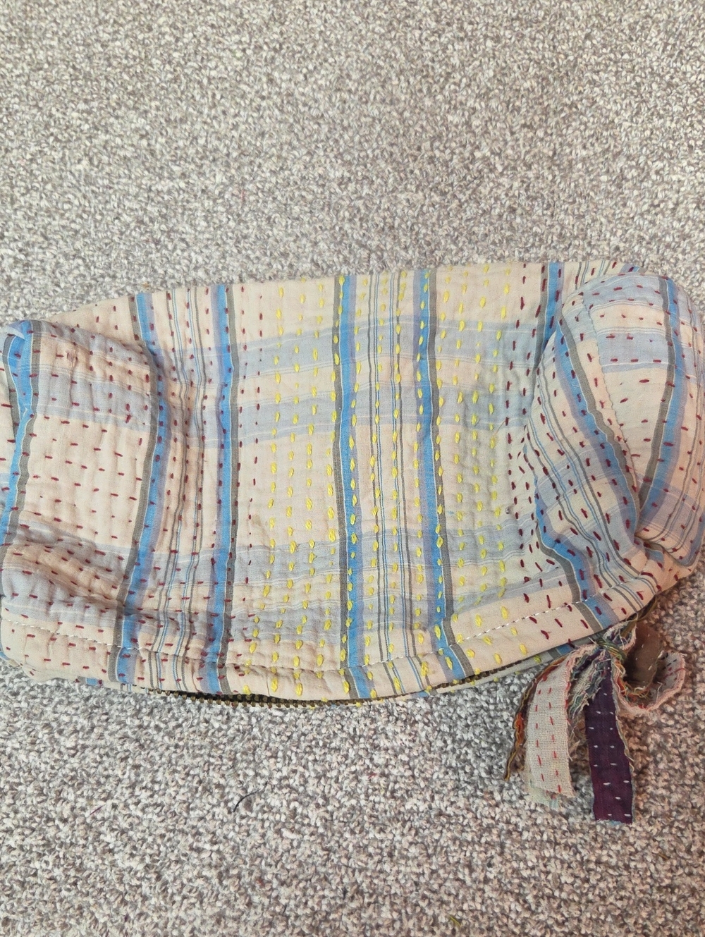 Hand-stitched Boho Kantha Pouch in Cream and Light Blue #86